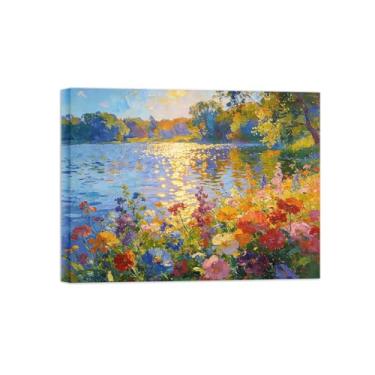 Imagem de BMZFYBS Impressão em tela de paisagem de arte de parede - Flores de decoração de lago - Imagens para sala de estar pronta para pendurar tela embrulhada 70 x 90 cm 27 x 35 pol