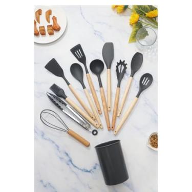 Imagem de kit 12 peças utensílios de cozinha silicone Copo Suporte Jogo de Cozinha kit 5 utensílios s/copo(KIT 12 CINZA C/COPO)