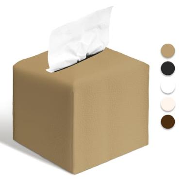 Imagem de Capa de caixa de lenços de couro PU suporte quadrado com cinto inferior organizador de papel facial dispensador para mesa, banheiro, carro, escritório (Camel)