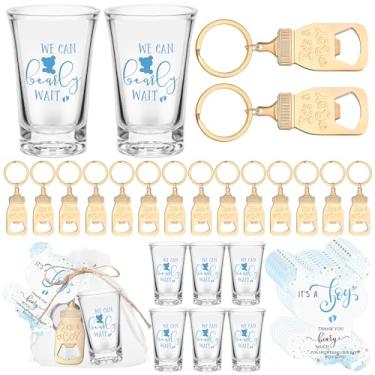 Imagem de Vesici Conjunto de 20 lembrancinhas de chá de bebê copos de acrílico abridor de garrafa de ouro chaveiros etiquetas de agradecimento e bolsas para chá de bebê, festa revelação de gênero, presente de
