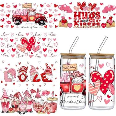 Imagem de Adesivos de transferência UVDTF UV Dia dos Namorados 5 folhas de coração Uvdtf para transferência UVDTF à prova d'água adesivos de transferência UVDTF para copos de vidro de 473 ml Cute Dwarf Love Car