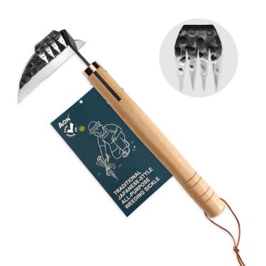 Imagem de AON Foice de remoção de ervas daninhas japonesas multiuso e enxada manual, ferramenta extrator de ervas daninhas de aço forjado com borda afiada e 4 dentes para cavar, remover ervas daninhas