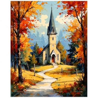 Imagem de Kit de pintura por números de igreja de outono para adultos - Capela de campo faça você mesmo com pintura de caminho amarelo em tela 40,6 x 50,8 cm, conjunto de tinta acrílica para iniciantes, arte