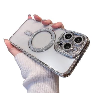 Imagem de Capa de celular magnética com glitter e protetor de lente de câmera para iPhone 16, 15, 14 Plus, 13, 12, 11 Pro Max, transparente e brilhante, TJ, ZMC, prata, para iPhone 13 Pro Max.