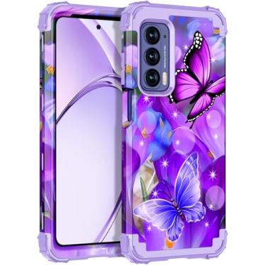 Imagem de Rancase Capa para Moto Edge 2021, proteção resistente à prova de choque de três camadas de plástico rígido + capa protetora de borracha de silicone macio para Motorola Moto Edge 2021, borboleta roxa