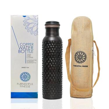 Imagem de FURNISHFUL FINESSE Garrafa de água de cobre puro com bolsa de transporte de juta Garrafa de cobre de 1000 ml para beber mais água, academia ayurvédica, ioga - 1000 ml (garrafa martelada antiga)