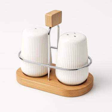 Imagem de Saleiro e Pimenteiro em Cerâmica Branca com Suporte em Bambu Metal Design Moderno para Mesa de Jantar 90ml Casa Cozinha Porta Sal