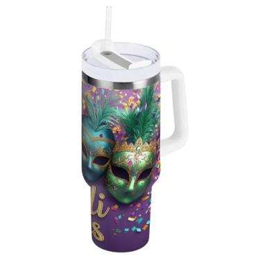 Imagem de Blueangle Copo isolado de máscara de carnaval de 850 g com alça e tampa de palha, caneca de viagem reutilizável de aço inoxidável (948)
