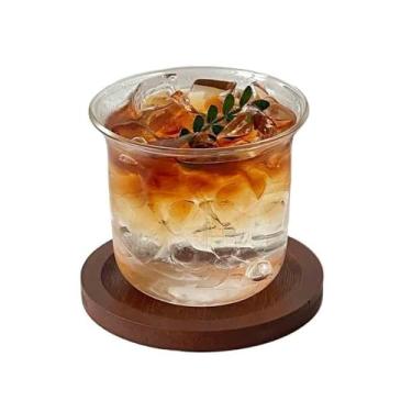 Imagem de x3anggyt5 Copo vintage de boca larga com porta-copos de madeira, copo de café de vidro borossilicato transparente, 350 ml