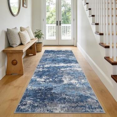 Imagem de GarveeHome Tapetes de corrida 5 x 25 cm, lavável na máquina, antiderrapante, macio, resistente a manchas, abstrato para corredor, quarto, azul-marinho