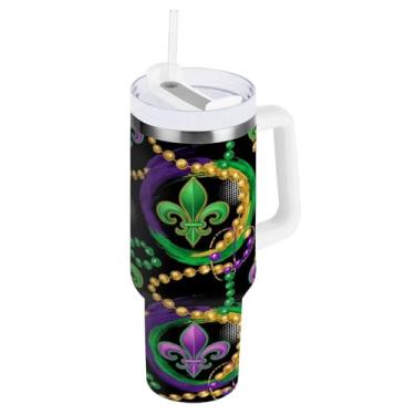 Imagem de Blueangle Copo isolado de 1,134 g com cordão de contas de carnaval com alça e tampa de palha, caneca de viagem reutilizável de aço inoxidável (524)