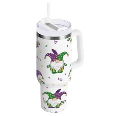 Imagem de Blueangle Copo isolado de gnomo Mardi Gras de 850 g com alça e tampa de palha, caneca de viagem reutilizável de aço inoxidável (900)