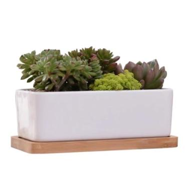 Imagem de Vaso de Cerâmica Retangular com Prato Bambu para Succulento Decoração Mesa e Escrivaninha Plantas em Vasos Vivos Flores Cacto Pequeno Casa Escritório Quarto Alto- Fácil Usar Limpar Buraco Drenagem