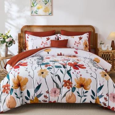 Imagem de Anibedding Conjunto de edredom Queen com 8 peças, floral, aquarela laranja em uma bolsa, conjunto de edredom com fronha, lençol para todas as estações