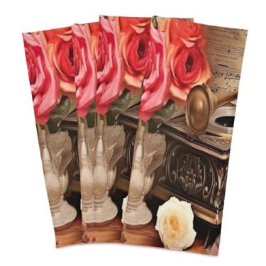Imagem de Wassud Toalhas de cozinha vintage gramofone e rosas toalhas de prato de cozinha pacote com 4 panos de prato macios com laço para pendurar toalha de mão super absorvente de secagem rápida toalhas de