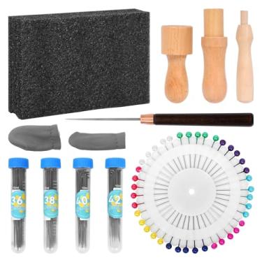 Imagem de Kit de feltragem de agulha de 127 peças, almofada de feltragem de agulha de 16 × 10 cm, 4 agulhas de feltragem tamanho 80, 3 cabos de madeira, 40 pinos de posicionamento, berço de 2 dedos, kit