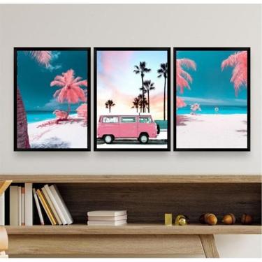 Imagem de Kit 3 Quadros Decorativos Praia Kombi Rosa - 33x24cm, Vidro