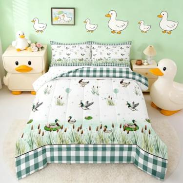 Imagem de Erosebridal Jogo de cama casal com pato-real fofo, 3 peças, pesca, caça, pato, para crianças, adolescentes, mulheres, lago, patos selvagens, com enchimento rústico, animal, verde, branco