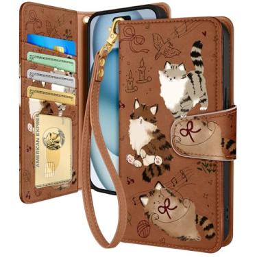 Imagem de Toycamp Capa carteira para iPhone 15 com alça de pulso - Capa de telefone flip de couro com bloqueio RFID 4 porta-cartões para Apple para iPhone 15 Funda estética fofa para mulheres senhoras, gato
