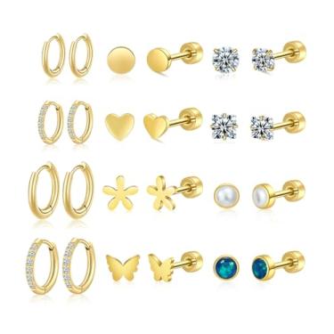 Imagem de LIHADA Conjunto de brincos femininos banhados a ouro 14 K com argola pequena de aço cirúrgico, parte traseira plana, zircônia cúbica, opala perolada, hipoalergênico, com vários piercings, leves, à