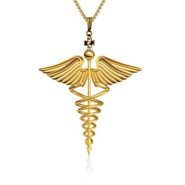 Imagem de OigvcoTe Colar com pingente de caduceu de cobre banhado a ouro, corrente banhada a ouro, 4 x 4 cm, corrente de 40 cm, corrente banhada a cobre com design de símbolo profissional, joia moderna, 44
