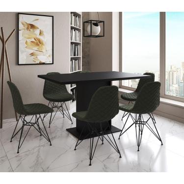 Imagem de Mesa Jantar Londres Retangular Preta 137X90Cm 6 Cadeiras Estofadas Verde Ferro Preto