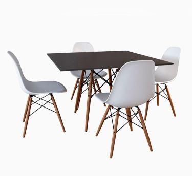 Imagem de Mesa De Jantar Eames Eiffel Wood Quadrada Preta 90Cm Base Madeira Maciça Com 4 Cadeiras Brancas