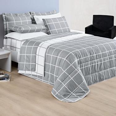 Imagem de Kit Cobre Leito Minimalista King 03 Peças Micropercal 200 Fios - Cinza Com Branco