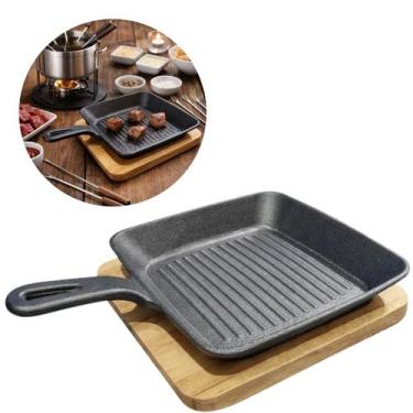 Imagem de Frigideira Chapeira de Ferro Quadrada Preta Gourmet com Base Madeira -