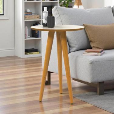 Imagem de Mesa Lateral Redonda Pés Palito Madeira Off White Freijó - Drop de Cas