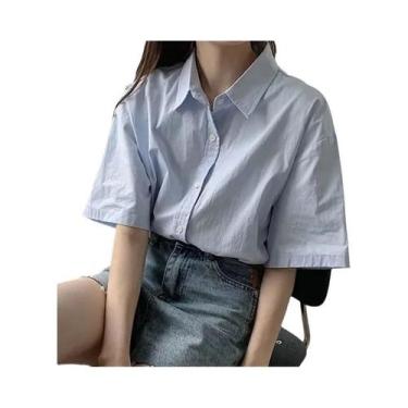 Imagem de Camisa Feminina Casual De Verão, Manga Curta, Gola Virada Para Baixo, 