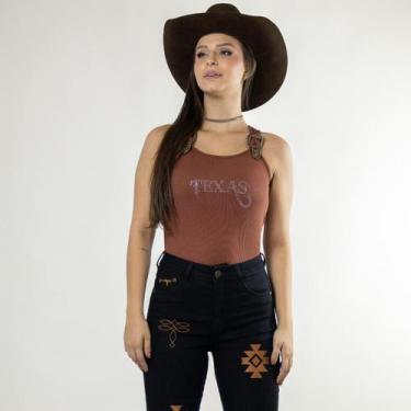 Imagem de Blusa Regata Fivela Feminina Marrom Texas Strass Moda Country Western 
