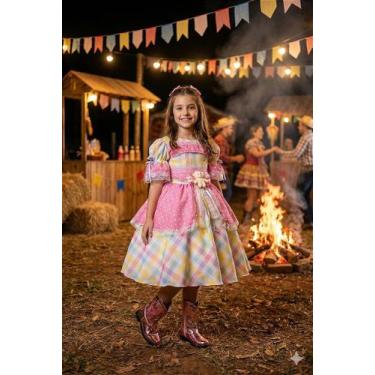 Imagem de Vestido Infantil Junino Luxo Ursinho do Sertão Rosa - Tecido Tecnospor
