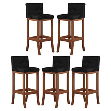 Imagem de Kit 5 Banquetas Média Encosto Estofado 38x88Cm Espanha Madeira Maciça Castanho Suede Preto - CCS