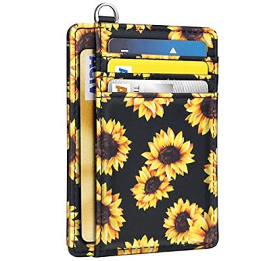 Imagem de Carteira fina para bolso frontal com bloqueio de RFID, porta-cartão de crédito minimalista com cordão em D para mulheres, Girassol, Slim