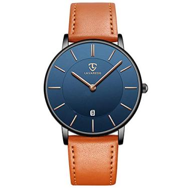 Imagem de Relógios masculinos, relógio de pulso simples, moderno, minimalista, analógico, com data e pulseira de couro, 01 - Laranja, azul