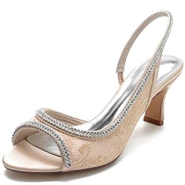 Imagem de Sandálias femininas de strass para casamento fofas de renda conforto salto gatinho peep toe Slingback, Champanhe, 10.5