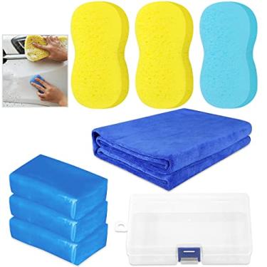 Imagem de Glarks 8 peças de argila para carro com detalhes de argila com toalha de microfibra premium e esponjas de lavagem de carro para limpeza de oxidação, escala, fezes de pássaro, ferro em pó, chuva ácida e encaixe no carro e vidro