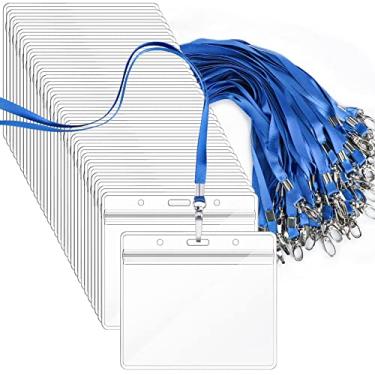 Imagem de Segarty Cordões com suporte de identificação – Pacote com 50 etiquetas horizontais para crachá com cordão de alça azul, crachás de plástico transparente à prova d'água para estudantes, professores