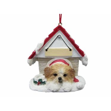 Imagem de Enfeite de filhote de cachorro branco e bronzeado, bronze e branco pintado à mão e facilmente personalizado"Ornamento Doghouse" com parte traseira magnética