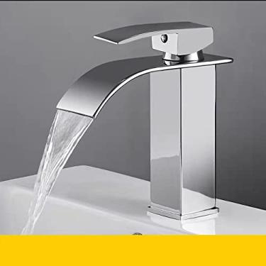 Imagem de Torneira de pia de ouro escovado saída de cachoeira torneira misturadora quente fria torneira de montagem em deck torneira de lavatório para banheiro, cromado