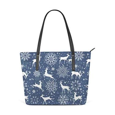 Imagem de Bolsa de compras grande para trabalho feminina de couro de poliuretano lindo Natal cervos e flocos de neve bolsa casual