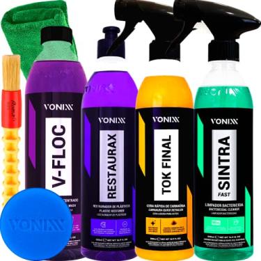Imagem de Kit Limpeza Automotiva Shampoo V-Floc Revitalizador Restaurax Cera Liquida Tok Final Limpador Sintra Fast Vonixx