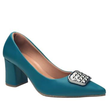 Imagem de Scarpin Salto Bloco Fivela Cor Celestial (Azul Petroleo)