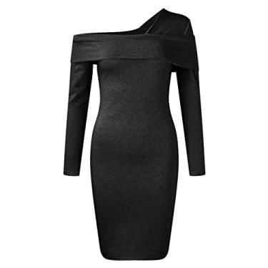 Imagem de Metaxas Vestido feminino de outono e inverno cor sólida fino gola V vestido de coquetel verão, Cinza escuro, G