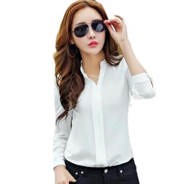 Imagem de ZIRIA Camisa de manga comprida, blusa fina de chiffon, gola V, elegante, para escritório, camisetas básicas, Branco, M