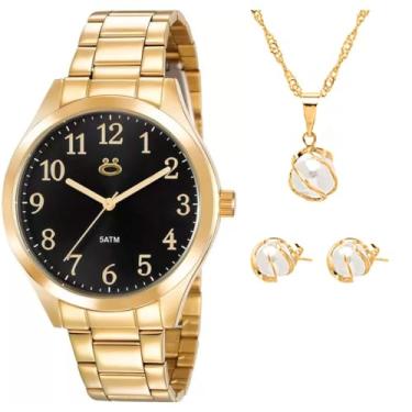 Imagem de Relogio feminino dourado aço inox + caixa + brincos moda strass qualidade premium social