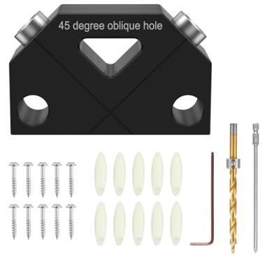 Imagem de QENWKXZ Guia de perfuração de ângulo de 45°, kit de gabarito de cavilha de liga de alumínio 45° Posicionador de perfuração de furo oblíquo localizador de orifício de perfuração de bolso Ferramenta de