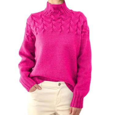 Imagem de Suéter feminino casual de malha de cor sólida pulôver de manga comprida suéter de gola rolê, Vermelho rosa, XX-Large
