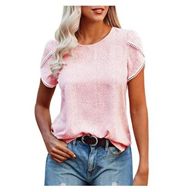 Imagem de Blusas femininas de malha de renda plus size manga curta sexy blusas de algodão de verão camisas boho túnica de trabalho, rosa, P
